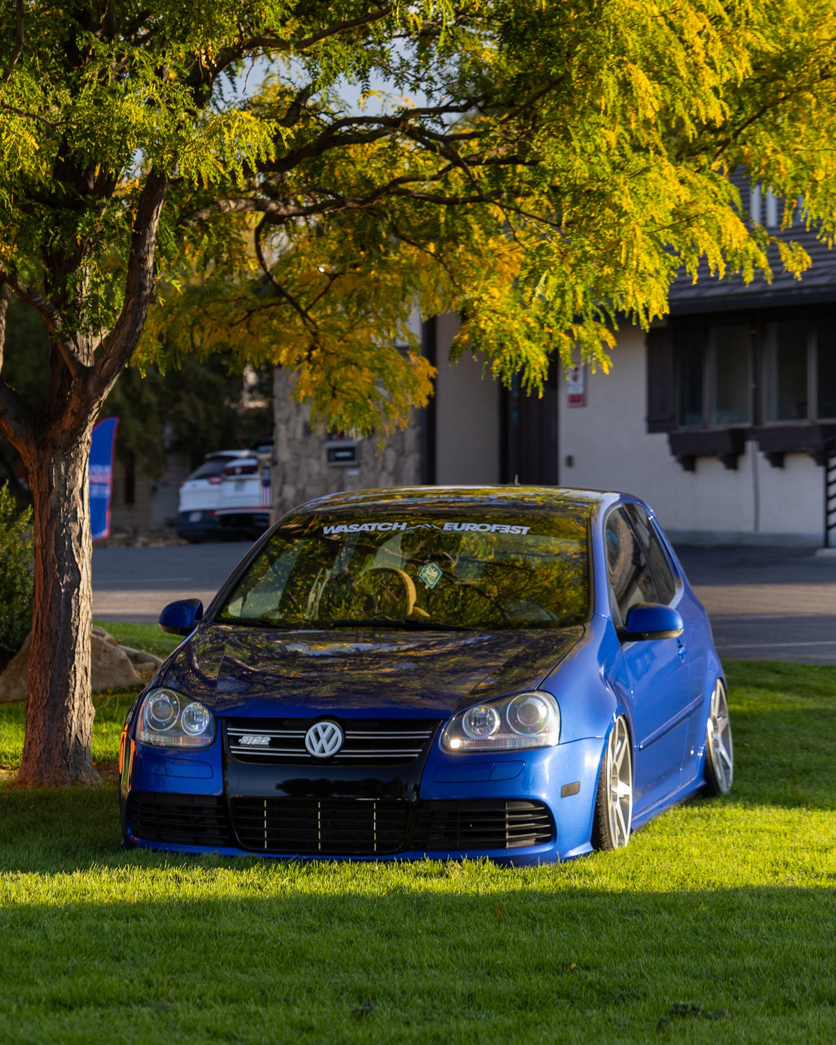 Wasatch Euro Fest windshield banner on a VW Golf
