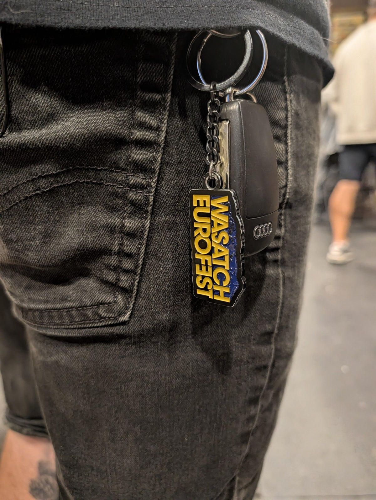 Wasatch Euro Fest metal keychain on belt loop